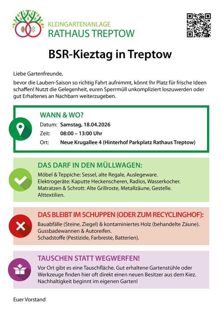 BSR-Kieztag am 18.04.2026 in Berlin Treptow, auf dem Parplatz hinter dem Rathaus Treptow, Neue Krugallee 4