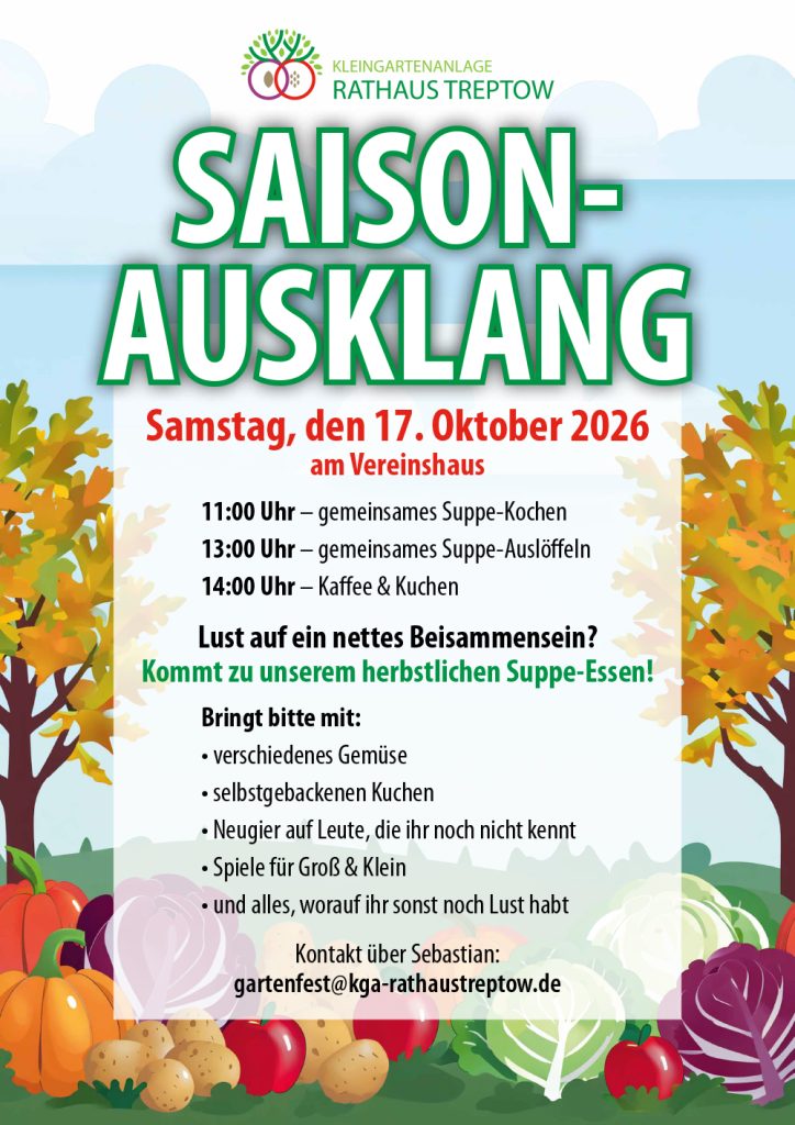 Saisonausklang in der KGA Rathaus Treptow am 17. Oktober 2026 mit gemeinsamen Suppe-Kochen.